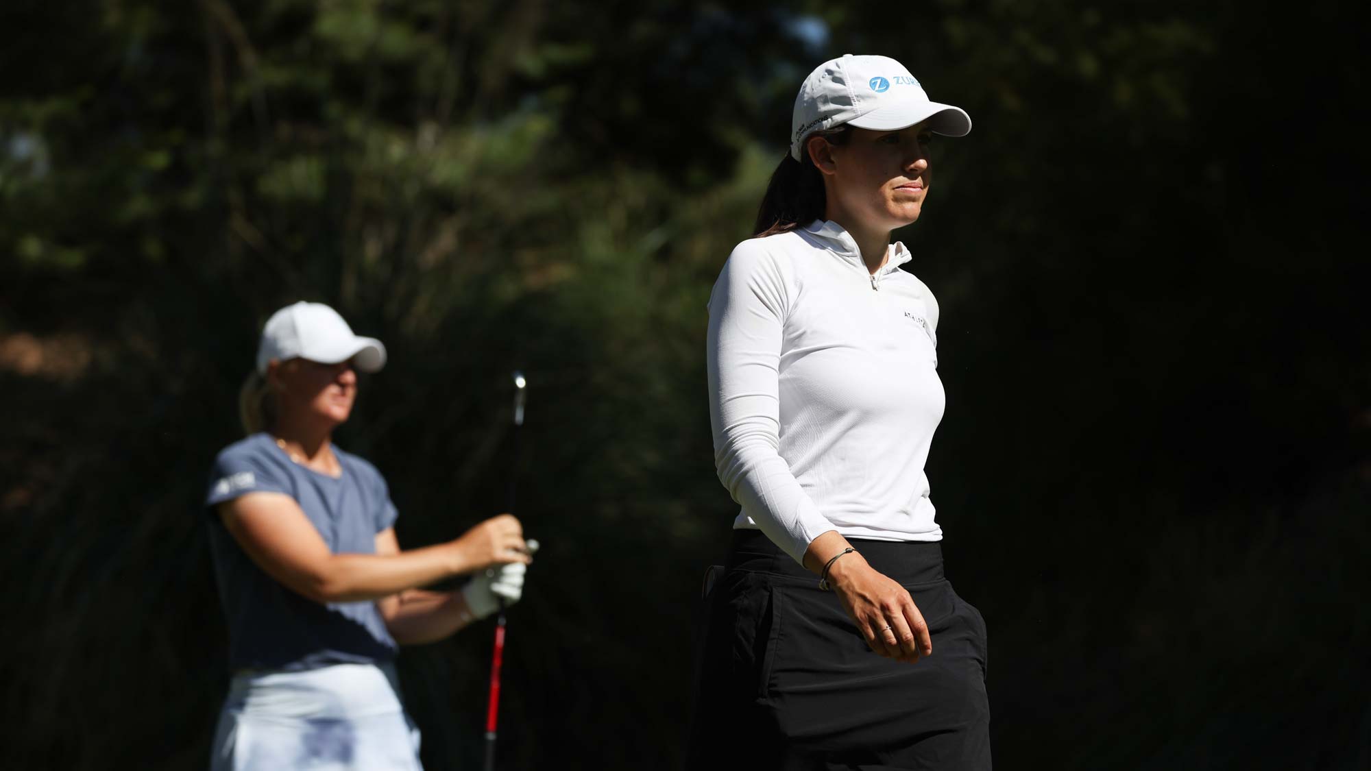 Albane Valenzuela of Switzerland and Anna Nordqvist of Sweden walk the eighth tee on day four of the Bank of Hope LPGA Match-Play presented by MGM Rewards